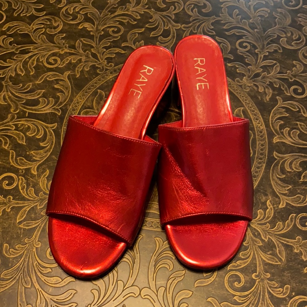 Metallic Red Open Toed Mules, Raye Size 7 - image 1